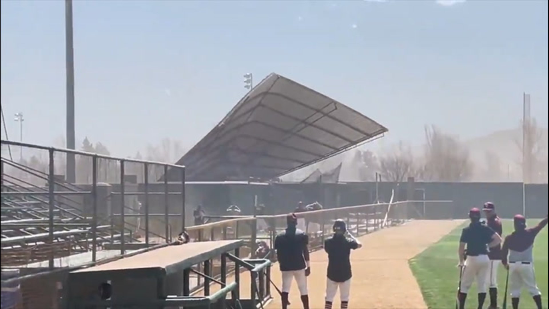 The roof of batting cages at Kokernot Field in Alpine, Texas, fell victim to strong winds on March 14, just before a Sul Ross State University baseball game.