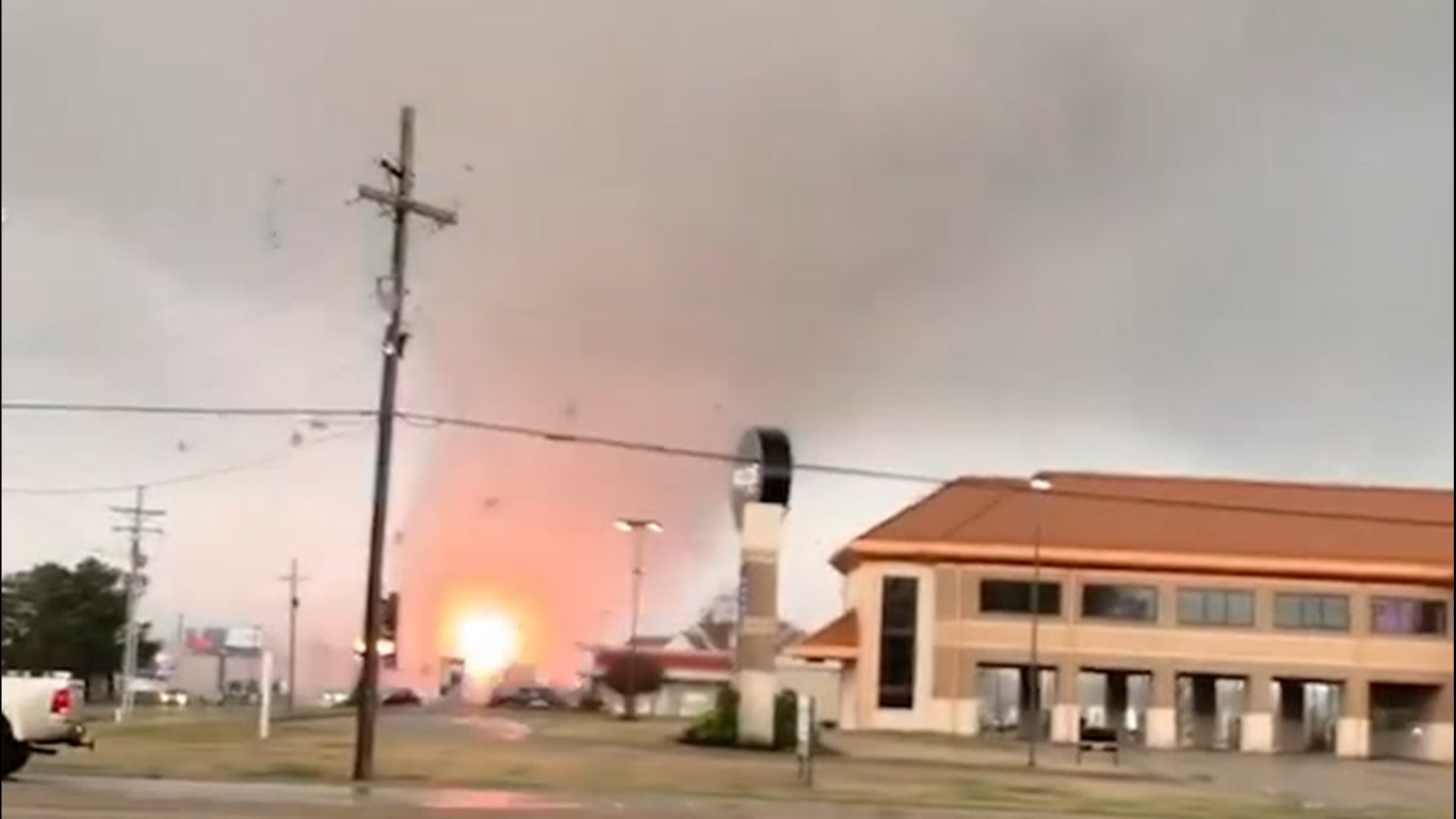 This tornado terrorized Jonesboro, Arkansas, sending sparks flying from power lines on March 28. Other debris can be seen flying in the air as well.