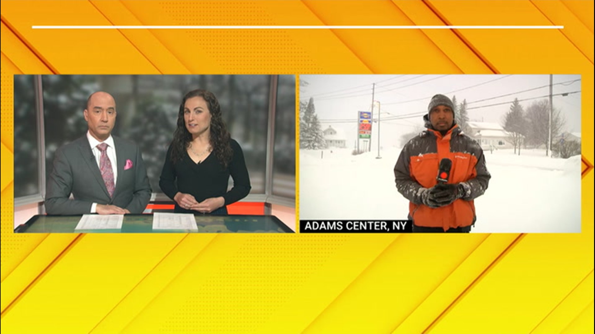 Treacherous travel conditions continue in upstate New York, with high winds and heavy snow. Dexter Henry reports live from Adams Center, New York.