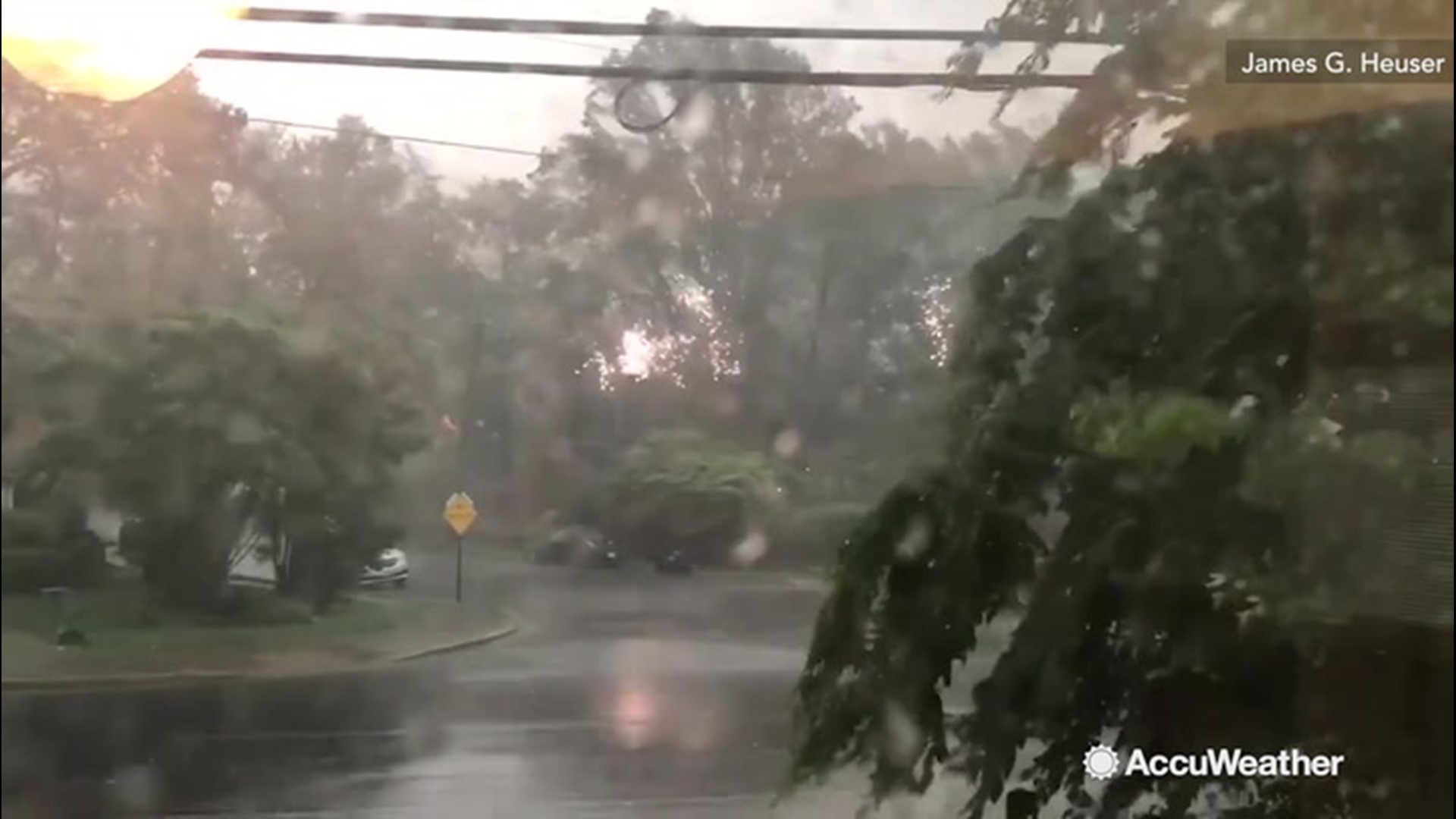 A severe storm made a chaotic scene out in Arlington, Virginia on May 23 when power lines started to send sparks flying from strong winds.
