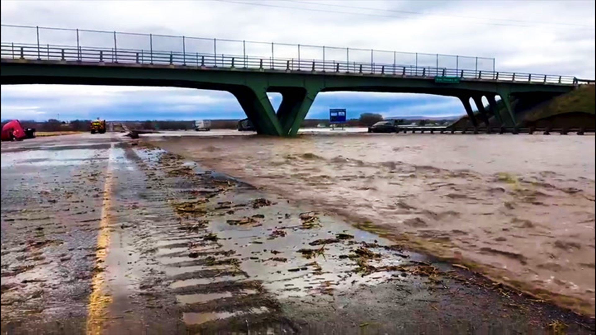 On Feb. 7, flood waters rushed along the roadway along I-84 at MP 187 near Echo, Oregon.