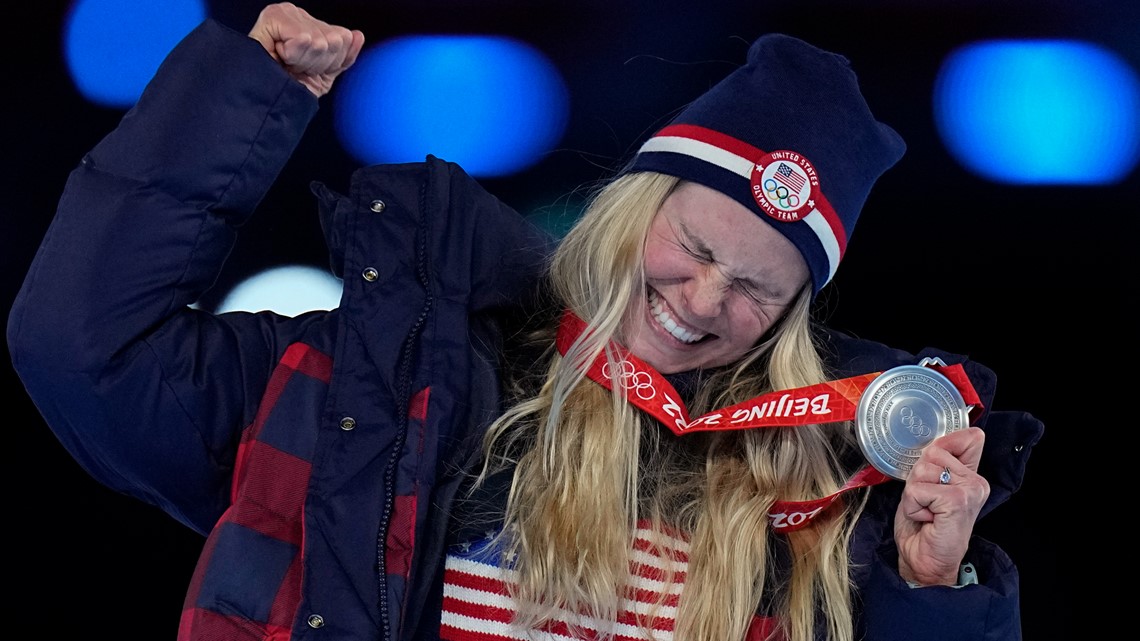 American Jessie Diggins receives silver medal during Closing Ceremony