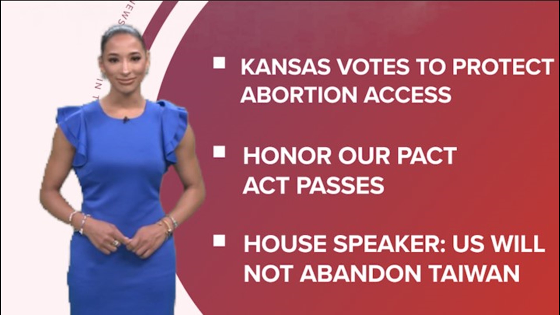 A look at what is happening in the news from Kansas voting to protect abortion rights, Honor Our Pact passes the Senate and House Speaker Nancy Pelosi visits Taiwan.