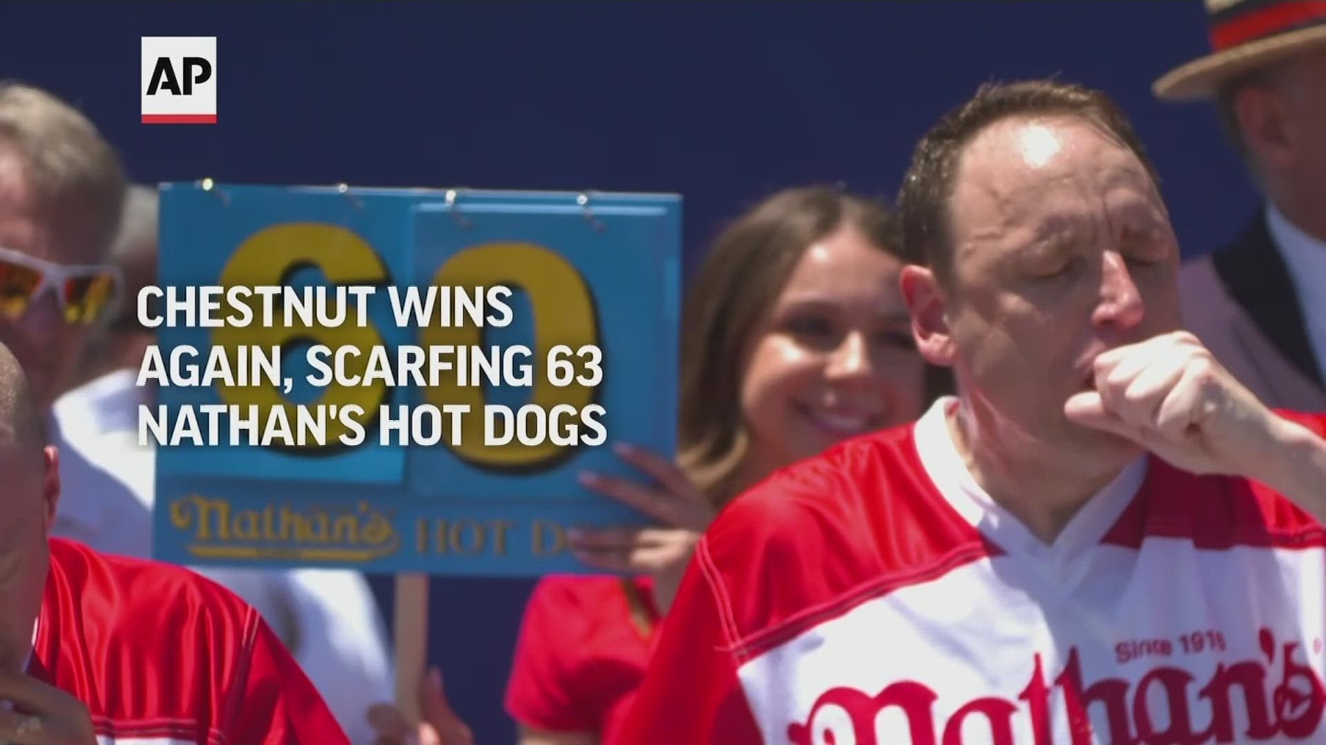 Joey "Jaws" Chestnut gobbled his way to a 15th win Monday at the Nathan's Famous Fourth of July hot dog eating contest.