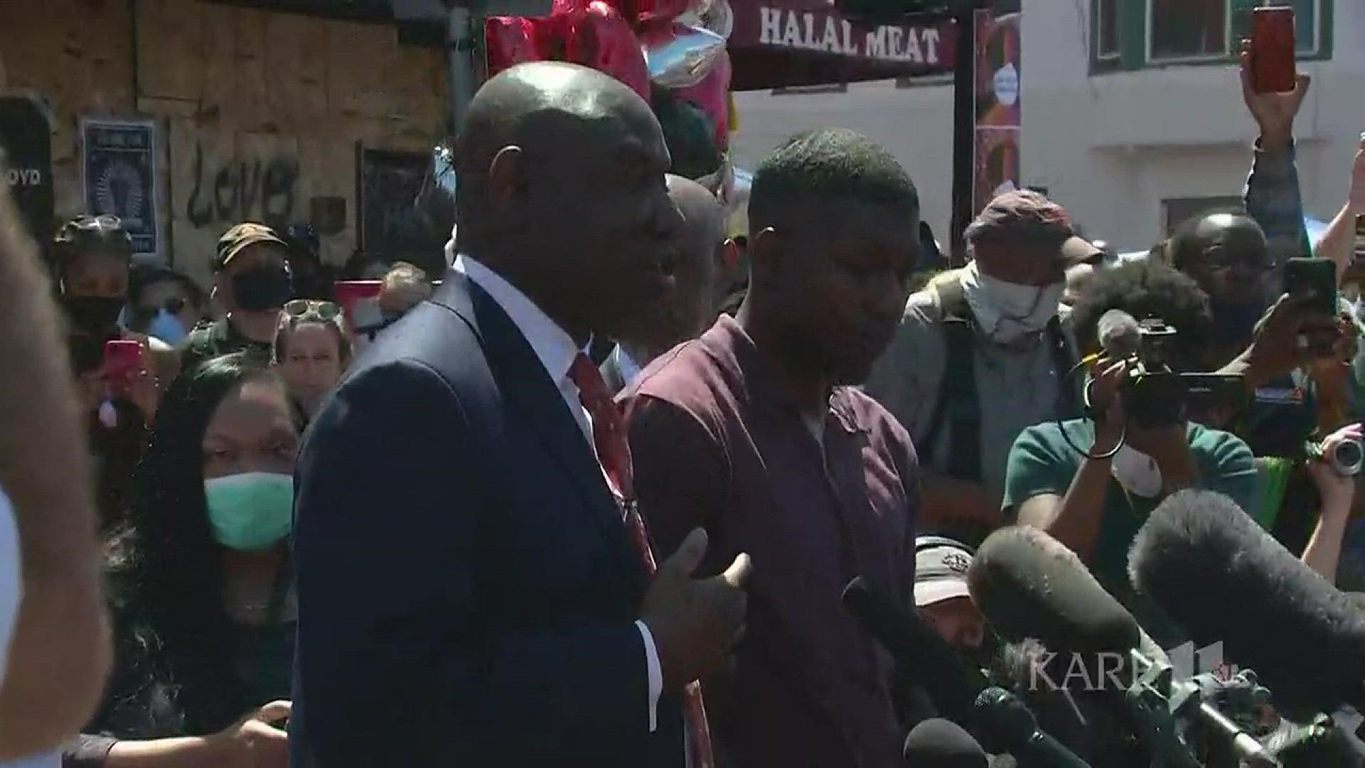 George Floyd's son, Quincy Mason, and attorney Ben Crump spoke Wednesday at the site of Floyd's death at 38th and Chicago in Minneapolis.