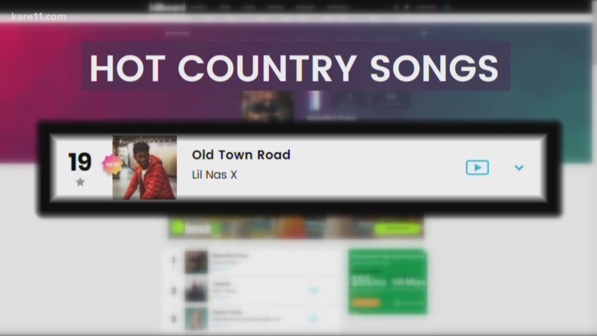 Billboard says, "While 'Old Town Road' incorporates references to country and cowboy imagery, it does not embrace enough elements of today's country music to chart in its current version." https://kare11.tv/2HZLyWC