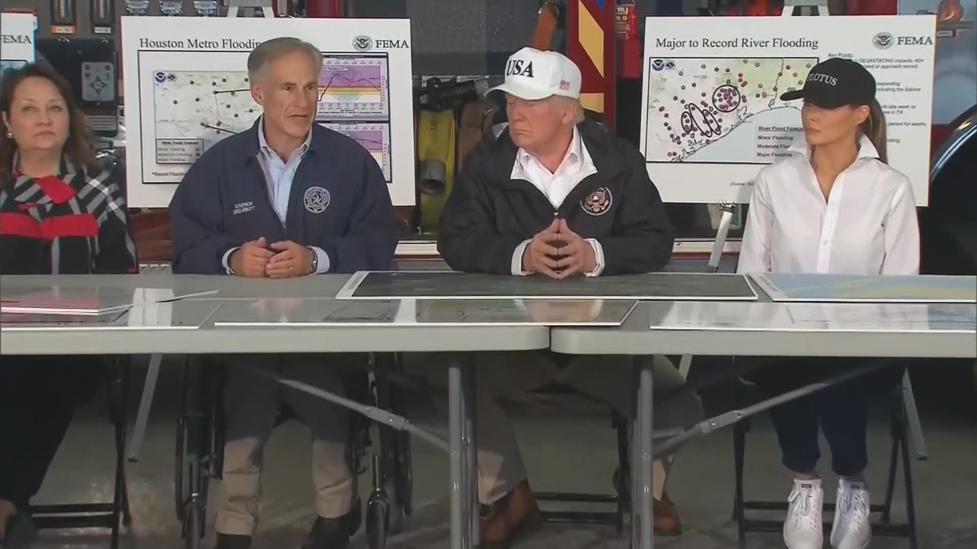 President Trump joined Texas Governor Greg Abbott Tuesday at the Annaville Volunteer Fire Station for a briefing on Hurricane Harvey recovery efforts.