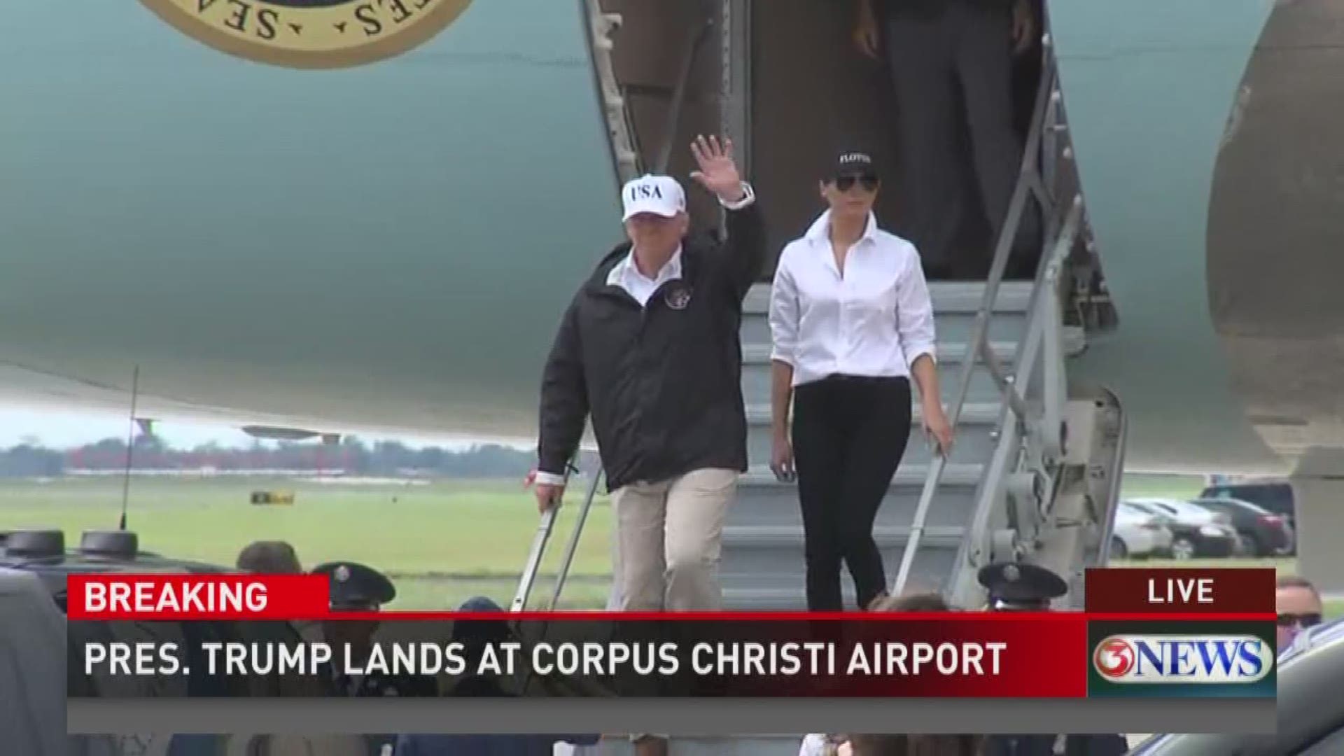 President Donald Trump and First Lady Melania Trump touch down in Corpus Christi for briefings on the Harvey relief effort.