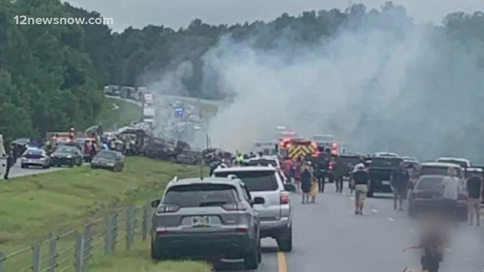 At least 18 vehicles were involved in the Alabama crash. The roads were slick due to rain from Tropical storm Claudette.