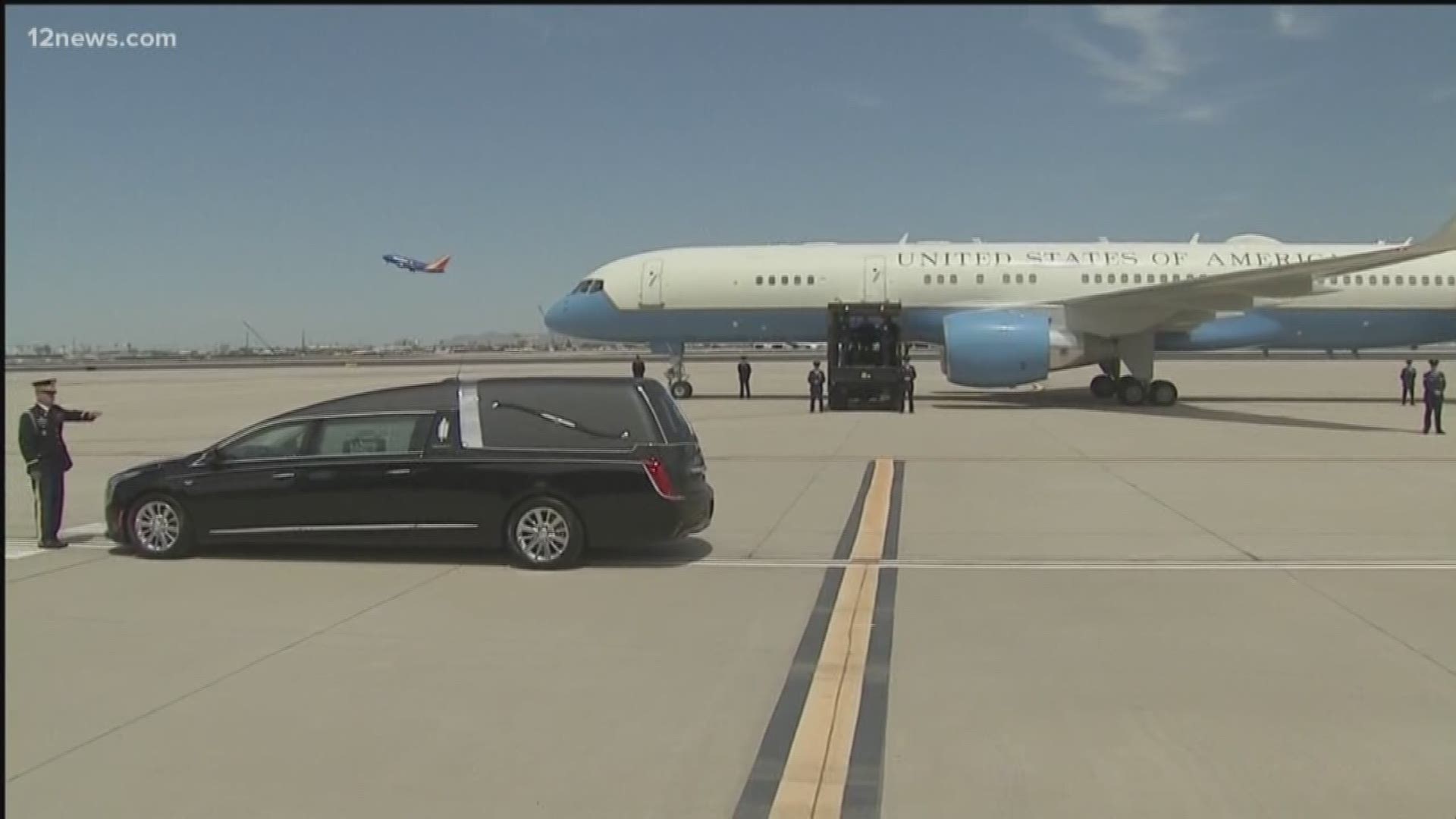 A last farewell to Arizona as the casket of John McCain departs from Phoenix Sky Harbor to lie in state at the U.S. State Capitol in Washington, D.C.