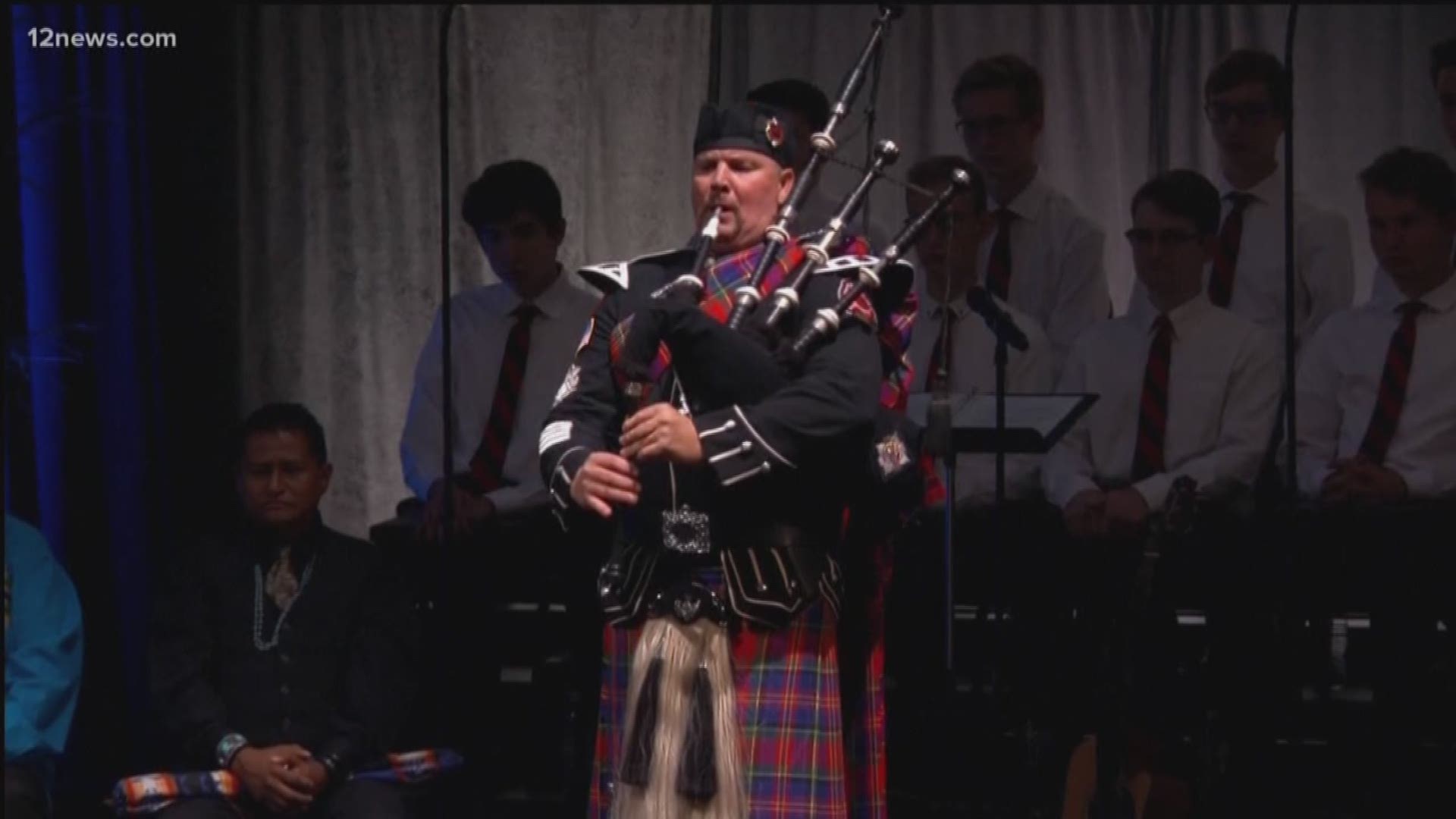 Bagpipes play as tribute to John McCain during memorial service and closing remarks from the pastor of North Phoenix Baptist Church.
