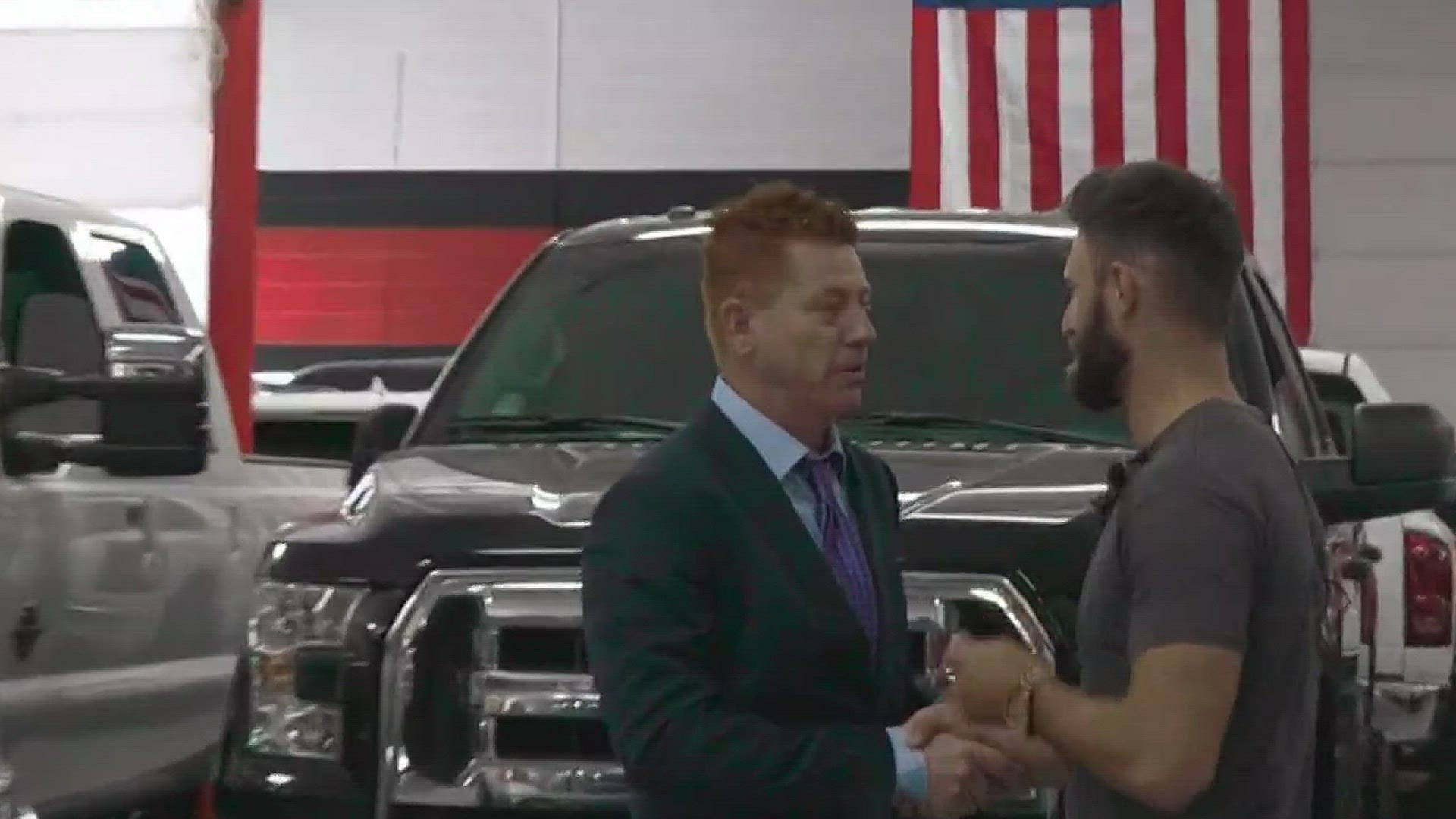 The owner of B5 Motors in Gilbert rewarded veteran Taylor Winston with a Ford F-150 for his bravery of taking wounded victims to a hospital after seizing a truck during the Vegas mass shooting.