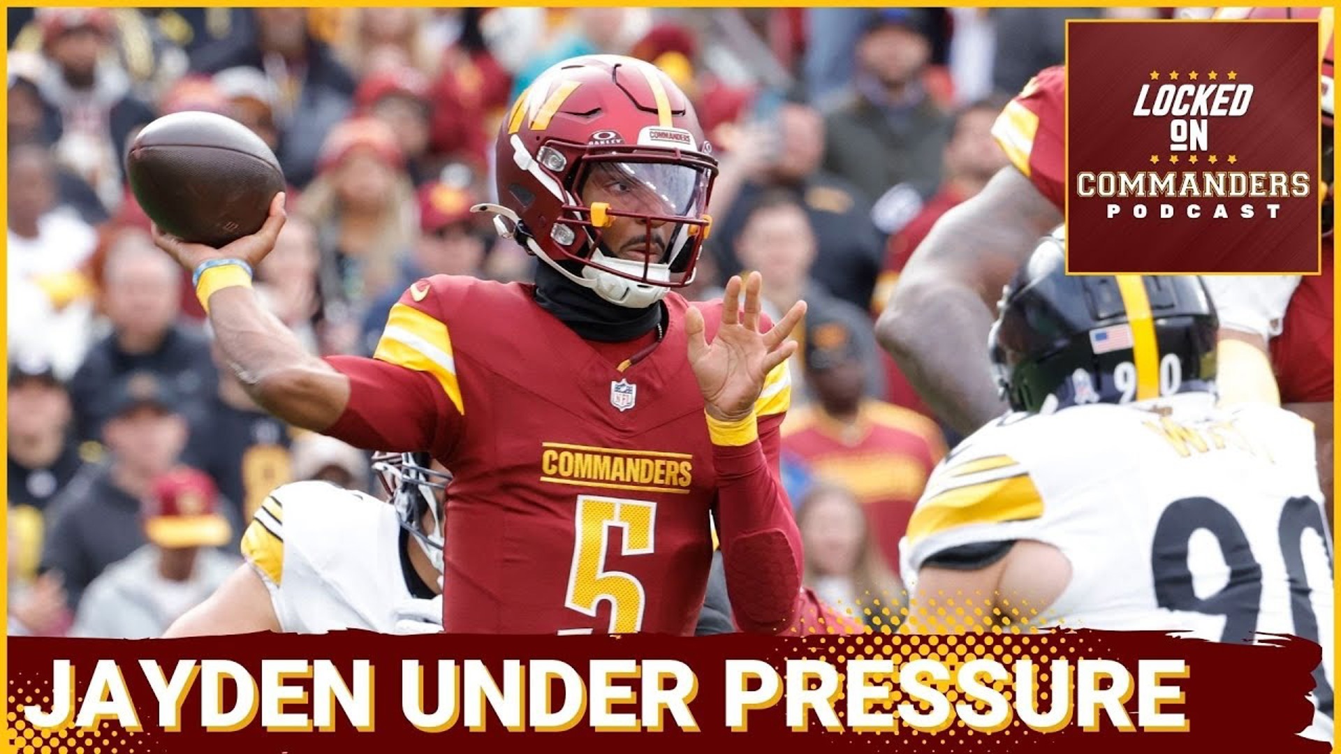 Jayden Daniels faces intense pressure from the Steelers' formidable pass rush, impacting his throwing mechanics and game performance.