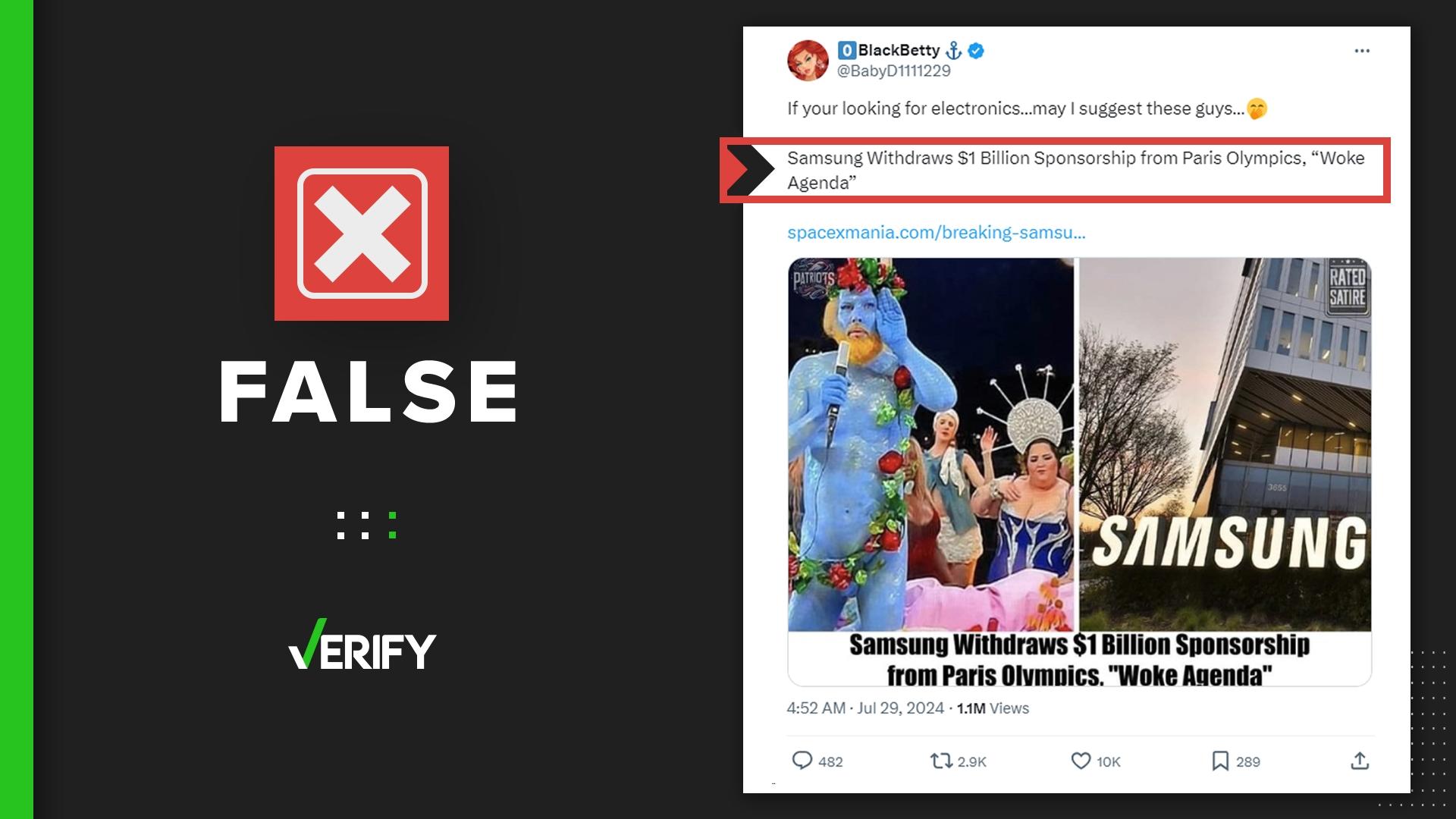 False claims that Samsung withdrew its sponsorship from the Paris 2024 Olympics because of the Games’ “woke” agenda stem from satirical articles.