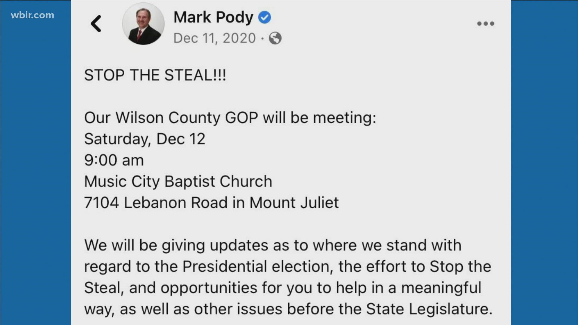 Mark Pody is a Tennessee senator who promoted a "Stop the Steal" event in December 2020 and filed a proposal to ban gay marriage in 2019.