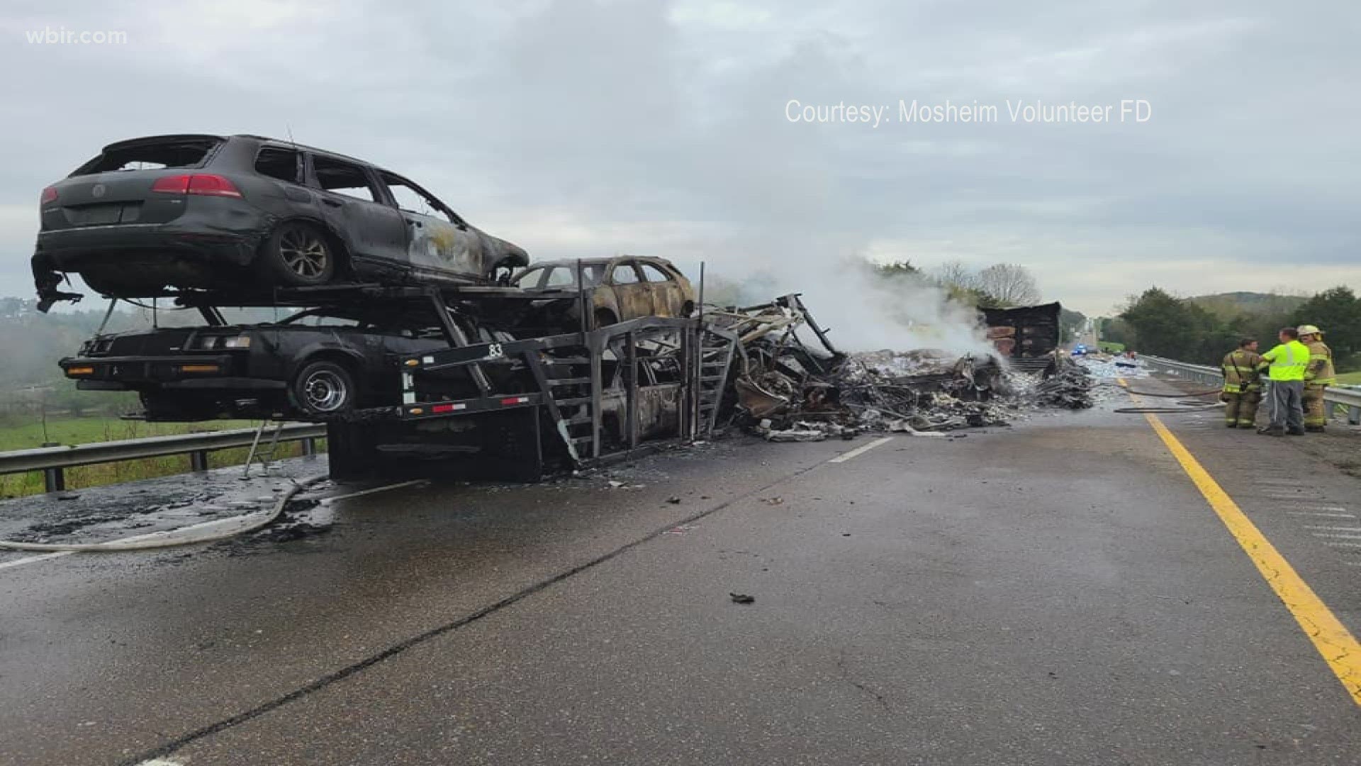 Officials said that one of the trucks hit the other from behind. Both caught fire and were completely destroyed.
