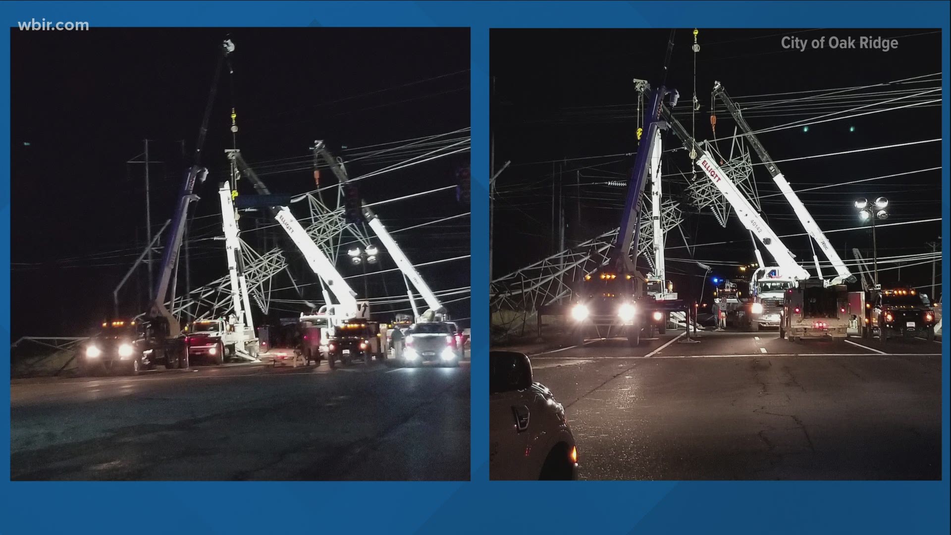 The road where a transmission tower fell in Oak Ridge was closed Saturday evening as crews worked to remove and repair it.
