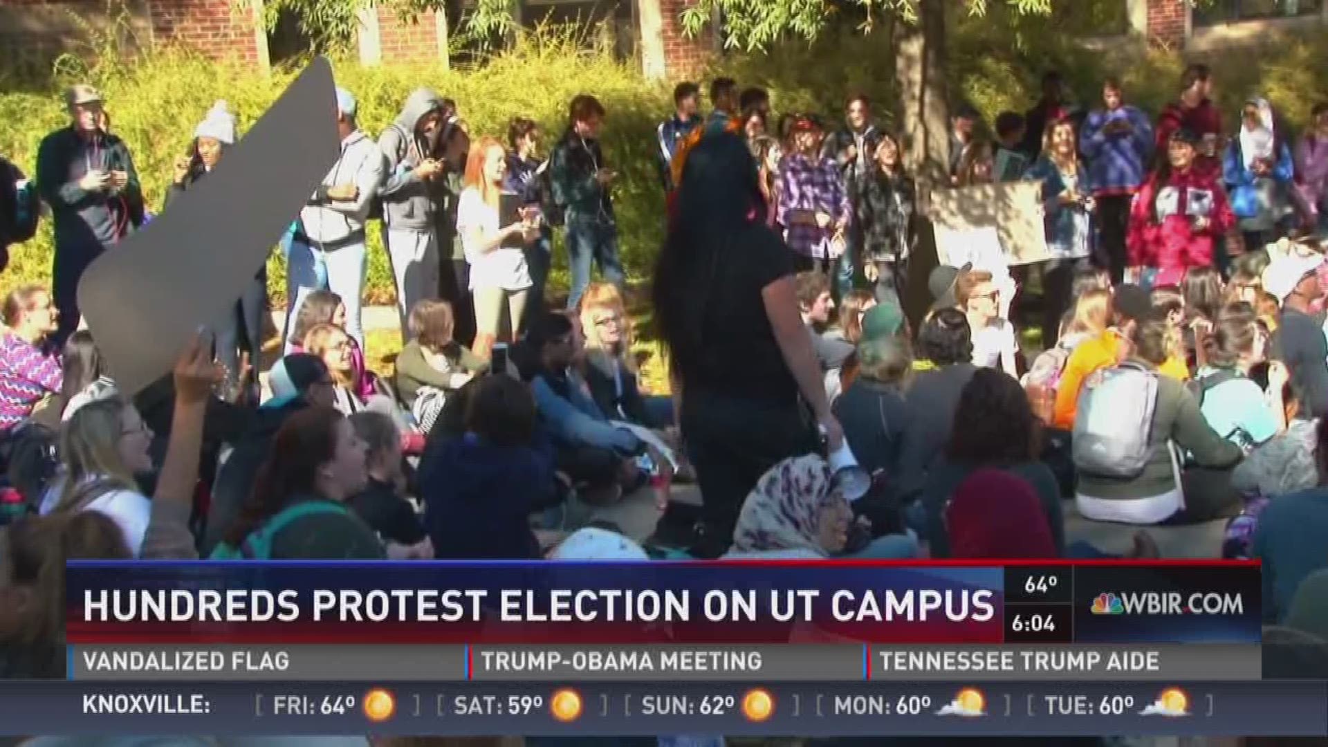 Several hundred people are gathered on the UT campus to protest the election of Donald Trump as president.