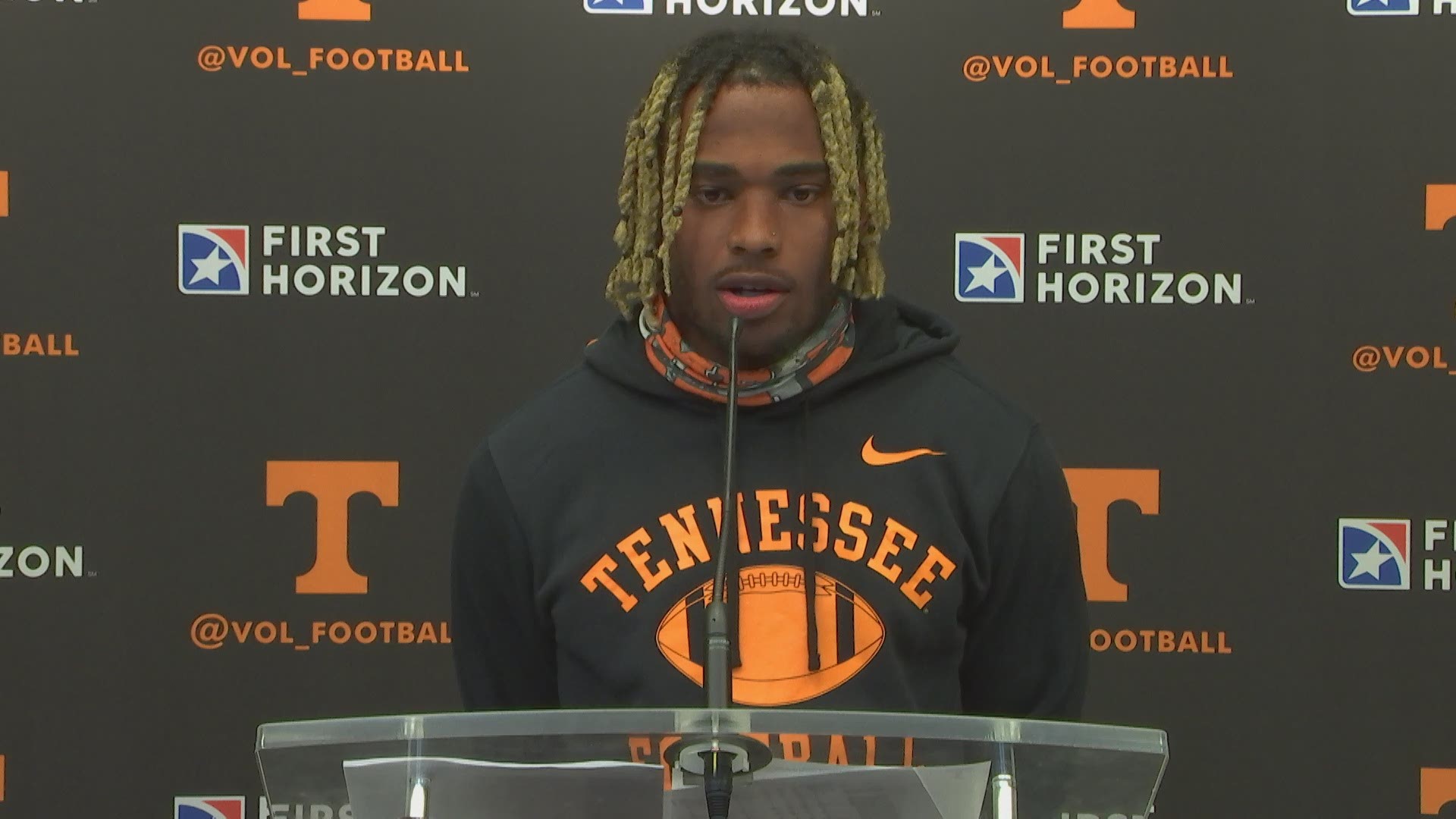 Tennessee running back Eric Gray speaks to the media after Tennessee's 34-7 loss to Kentucky.