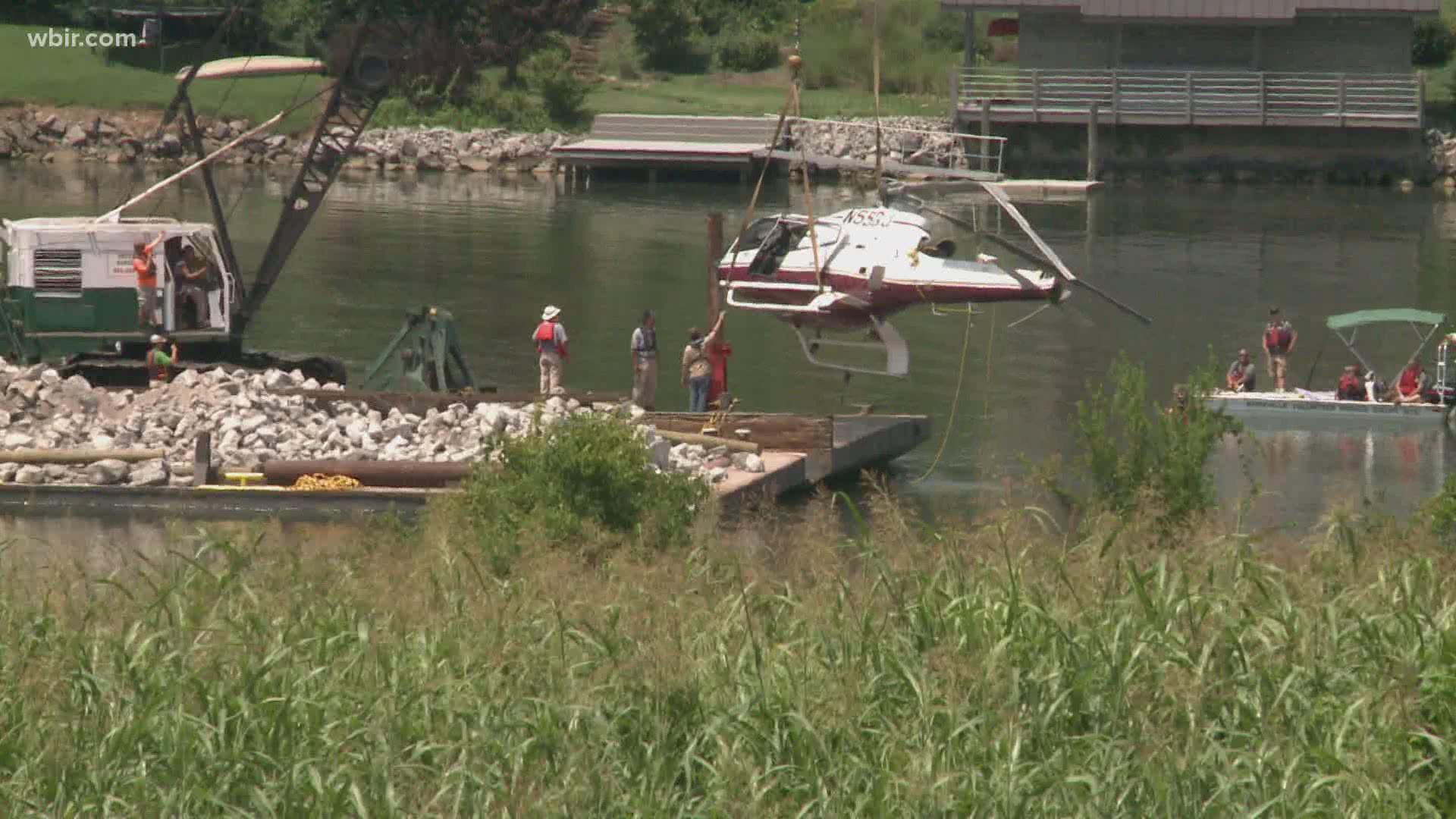 The 3,000-pound helicopter was recovered 435 feet from the landing pad in roughly 40 feet of water. The report says no fire or explosion.
