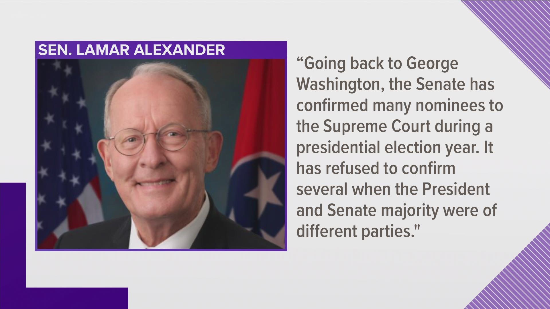 Senator Lamar Alexander says he will consider President Trump's nomination to fill the vacant supreme court seat after the death of Justice Ruth Bader Ginsburg.