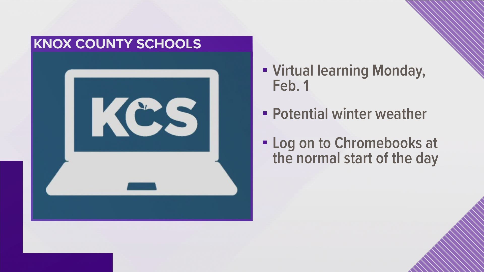 The district says students should log on to their Chromebooks and be ready for virtual learning at the normal start of the school day.