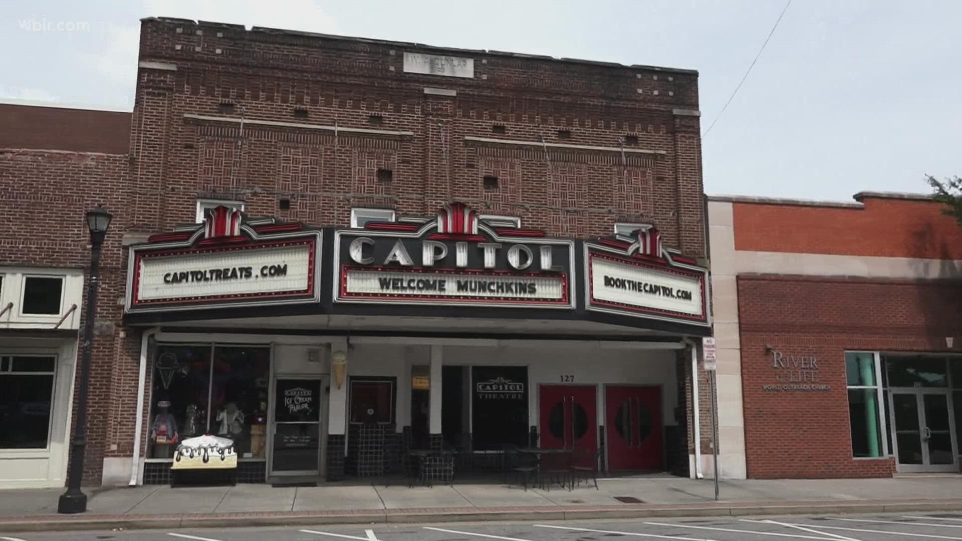 The Capitol Theatre was once a movie theater, but has since transitioned to a wedding and event venue with an ice cream and coffee shop attached to the side.