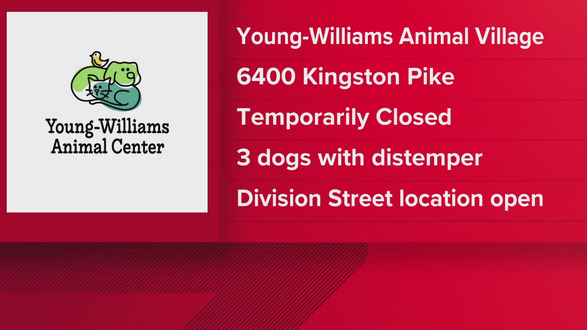 Located at 6400 Kingston Pike, the animal center will be closed for at least 48 hours through Friday, Sept. 8, the shelter announced.