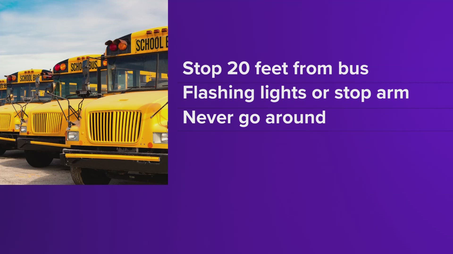 Drivers should stop at least 20 feet away from a bus displaying red, flashing lights. Traffic also should never drive around a bus if its lights are on.