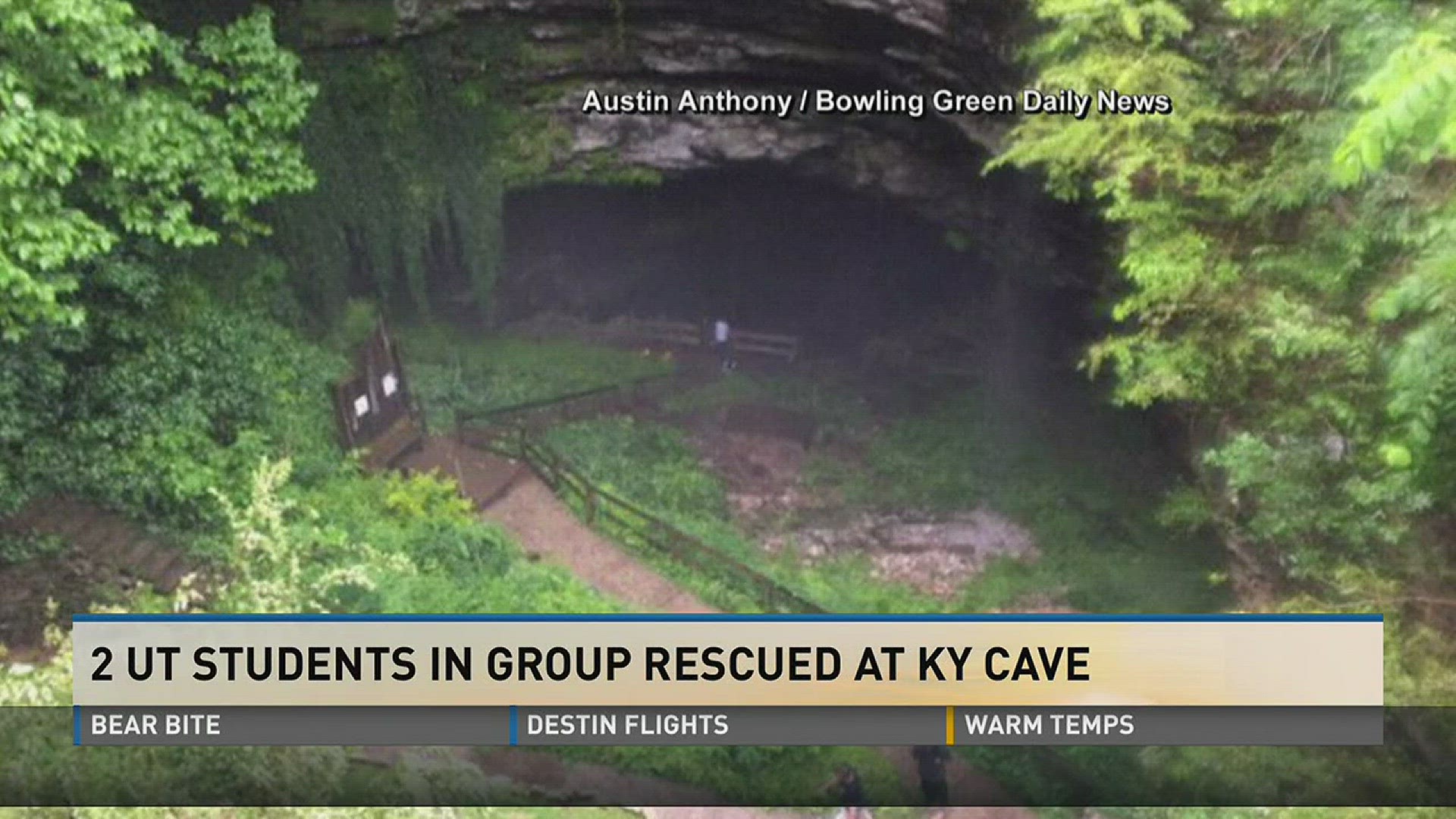 Two University of Tennessee Knoxville geology students were rescued, along with the rest of their tour group, from a cave after a heavy downpour caused flash flooding in Horse Cave, Ky.