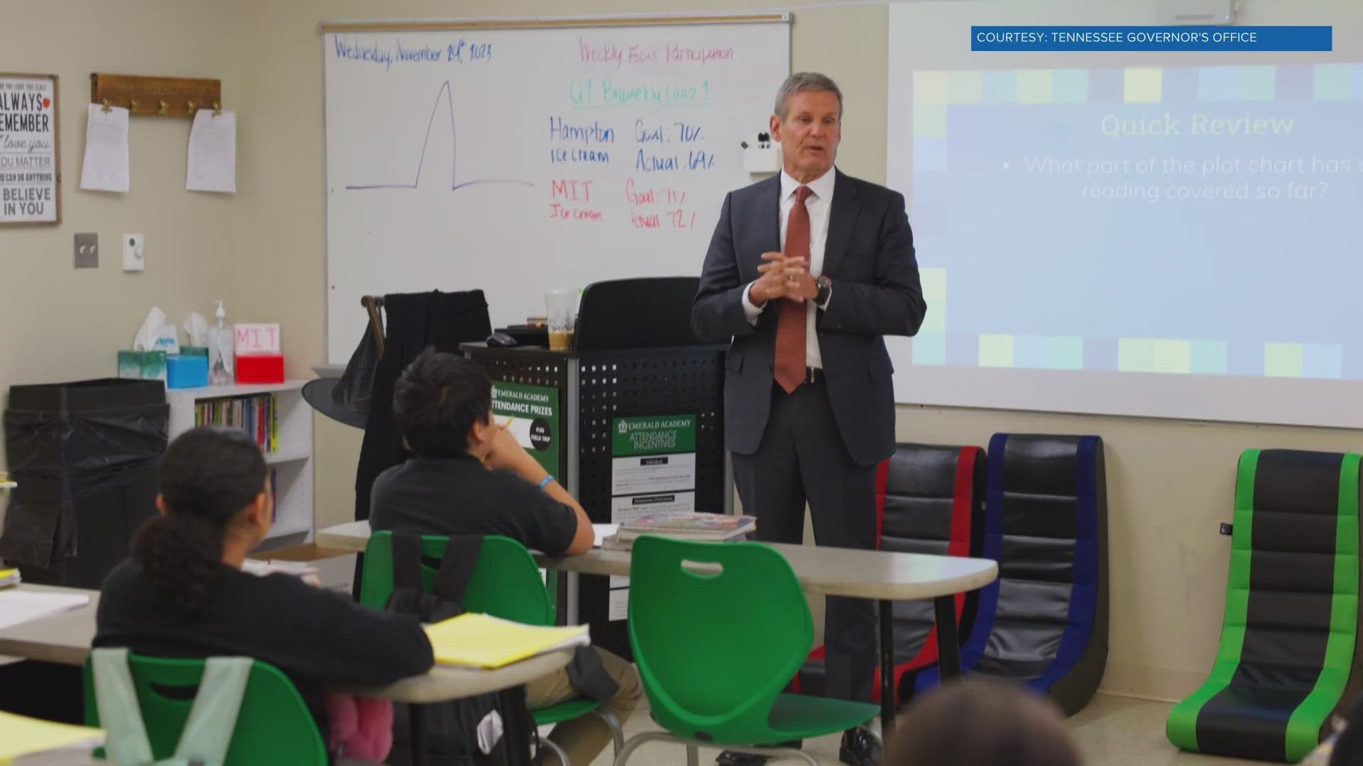 Gov. Bill Lee visited Emerald Academy on Wednesday and spoke about his proposal to let families spend public money on tuition and expenses for non-public schools.