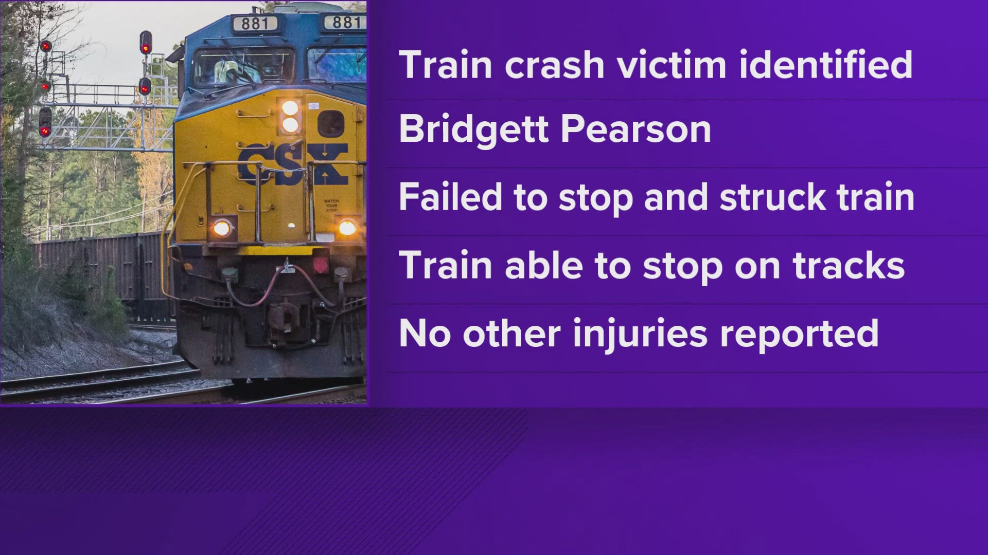 According to CSX, the train crashed into the car at the Evans Street and Old Slag Road crossing in Vonore.