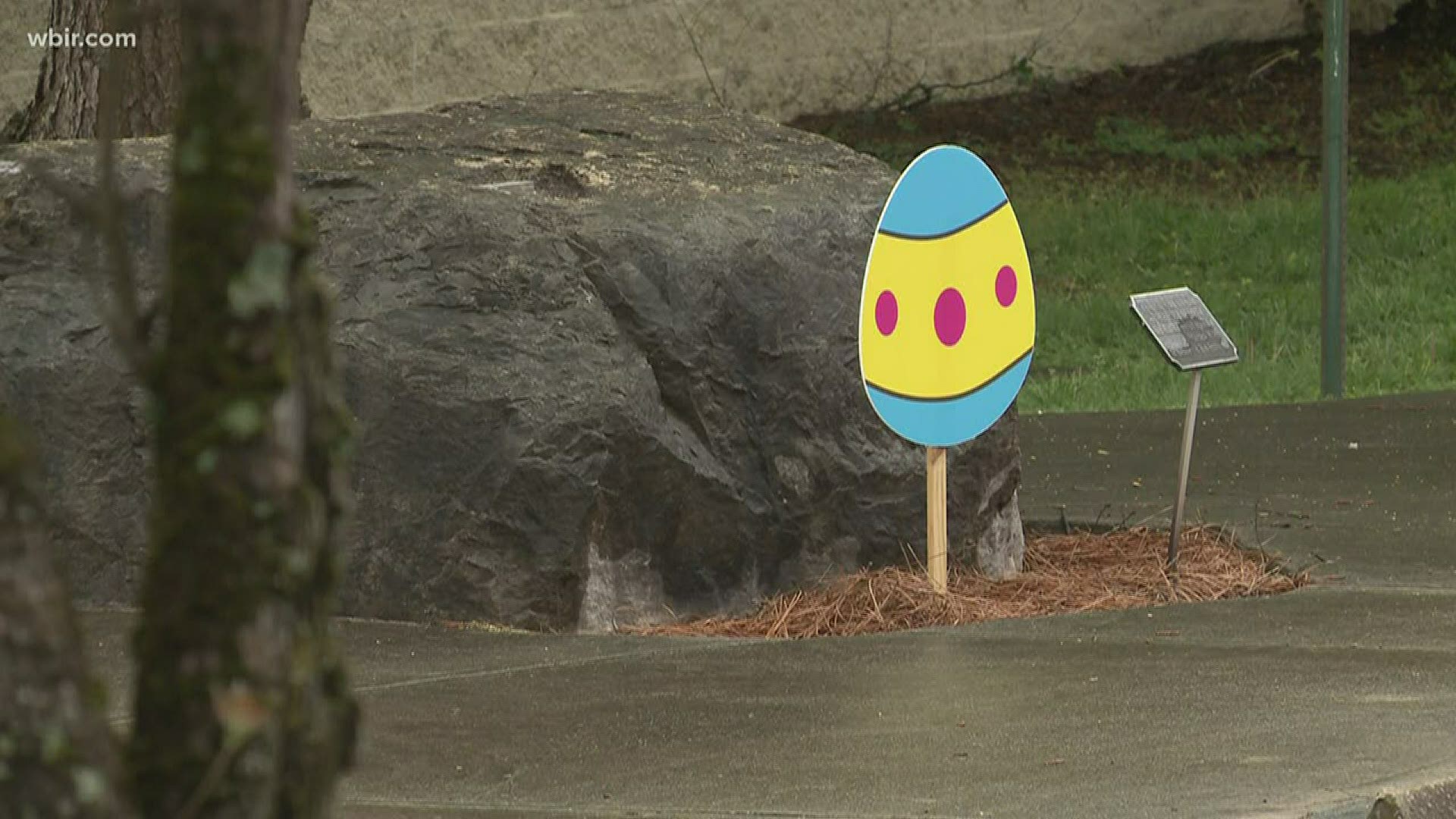 Instead of small eggs with candy, the church hid cardboard cut-out eggs around the exterior of the church.