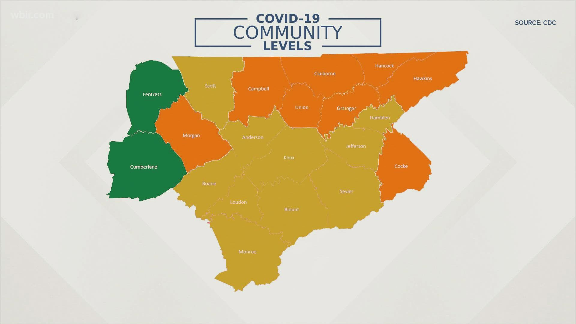 A handful of counties in East Tennessee were still in the 'orange' category, according to the CDC.