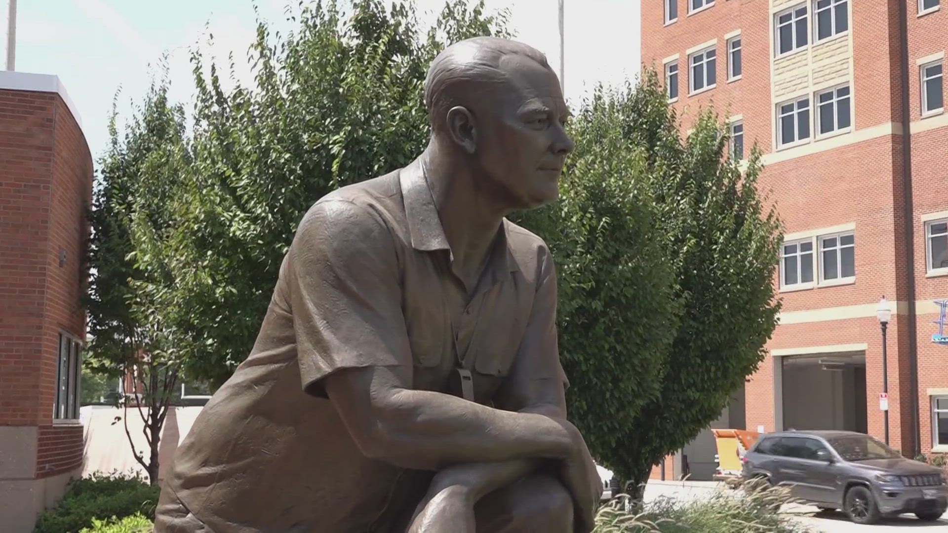 The statue has been moved temporarily because of stadium construction.