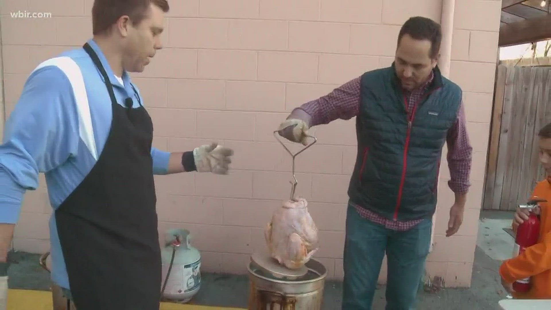 Matt Beeler with Big Kahuna Wings walks Seth Grossman through deep frying a turkey safely for the holidays. For more information visit bigkahunawings.com
November 21, 2017-4pm