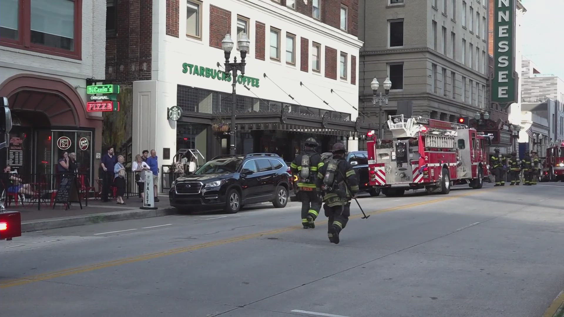 The Knoxville Fire Department said it called two additional engine companies and teams searched the entire 9-story building for trapped guests.