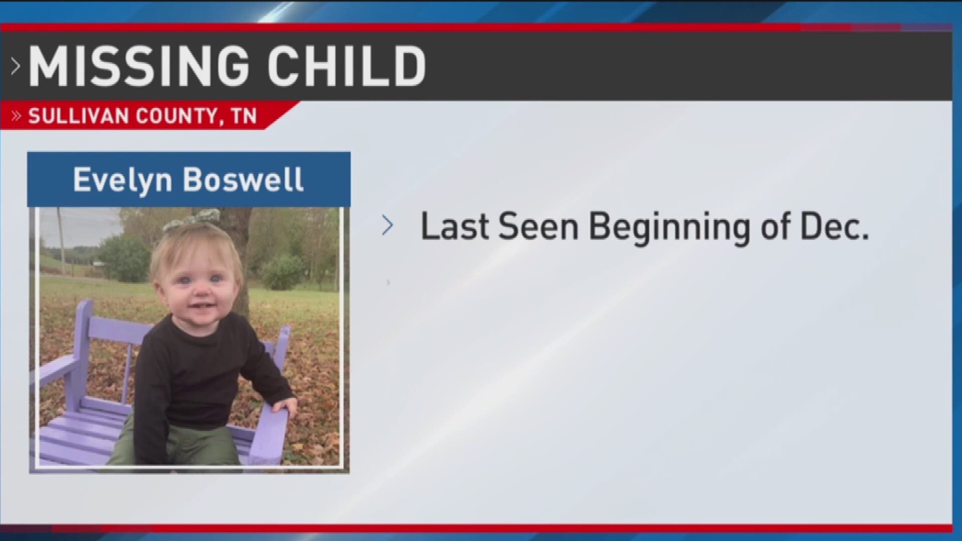 The TBI has issued an AMBER Alert to find 15-month-old Evelyn Boswell.