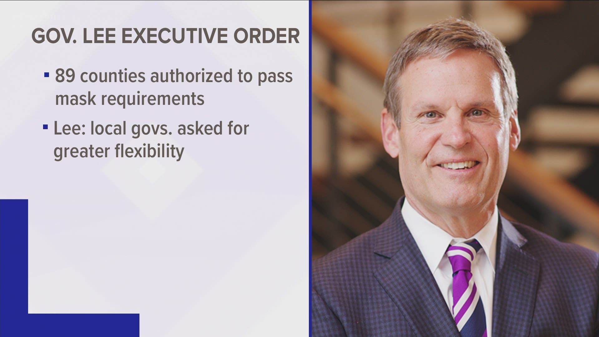 Governor Bill Lee signed an executive order granting mayors of 89 counties the authority to issue local mask requirements.