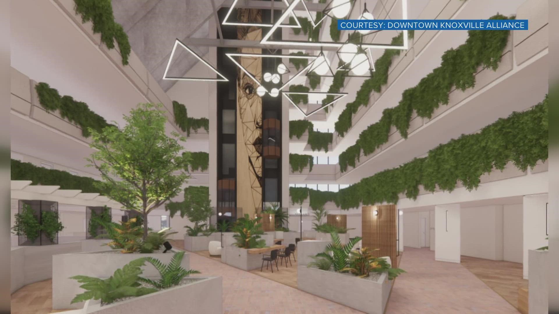 The project is described as an "adaptive reuse project," changing the building from a former Marriot hotel to a 375-unit apartment building with retail space.
