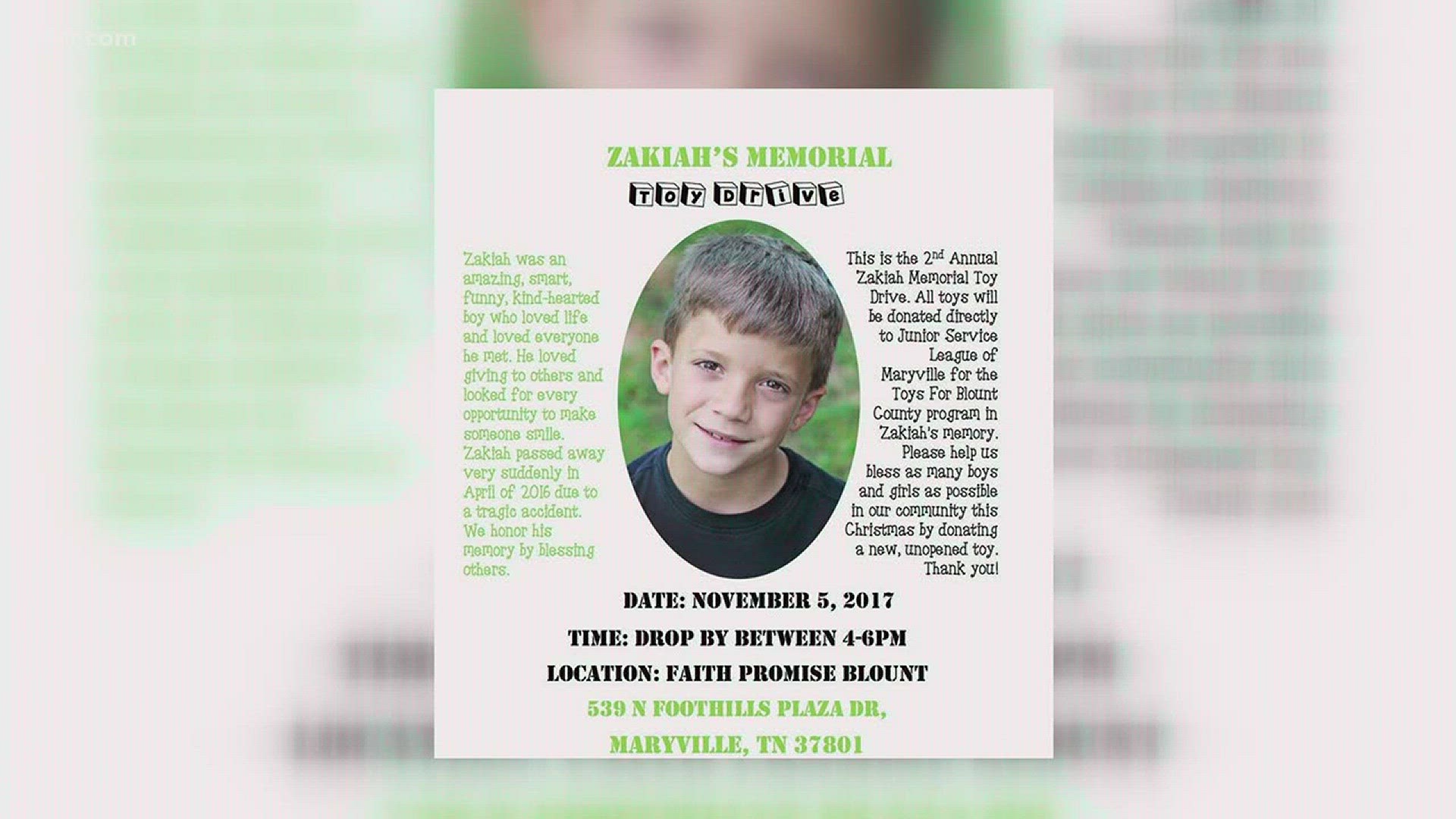 A toy drive this Sunday in Maryville honors a little boy who died last year. Live at Five at Four. 11-3-17