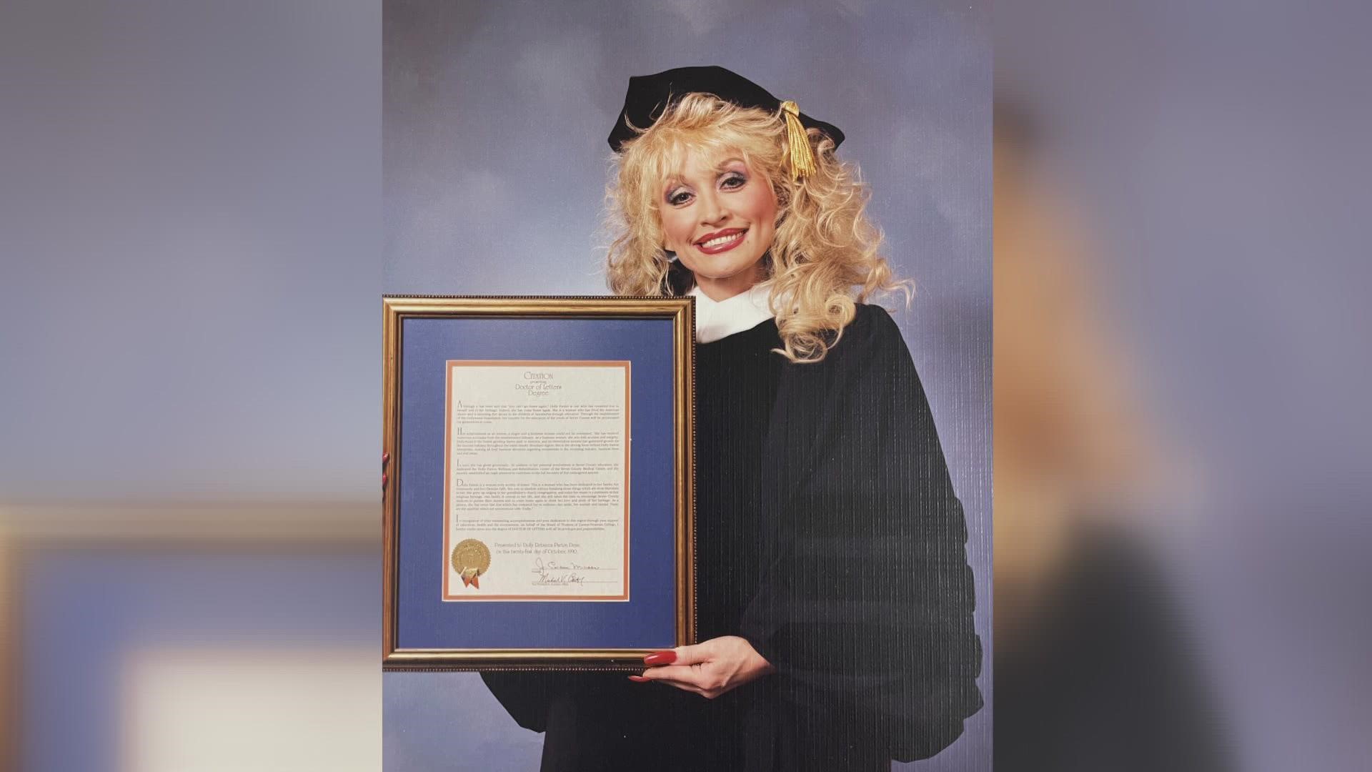 Did you also know that Dolly is a scholar? She received her degree in 1990. Carson Newman conferred upon Dolly a "Doctor of Letters Degree."