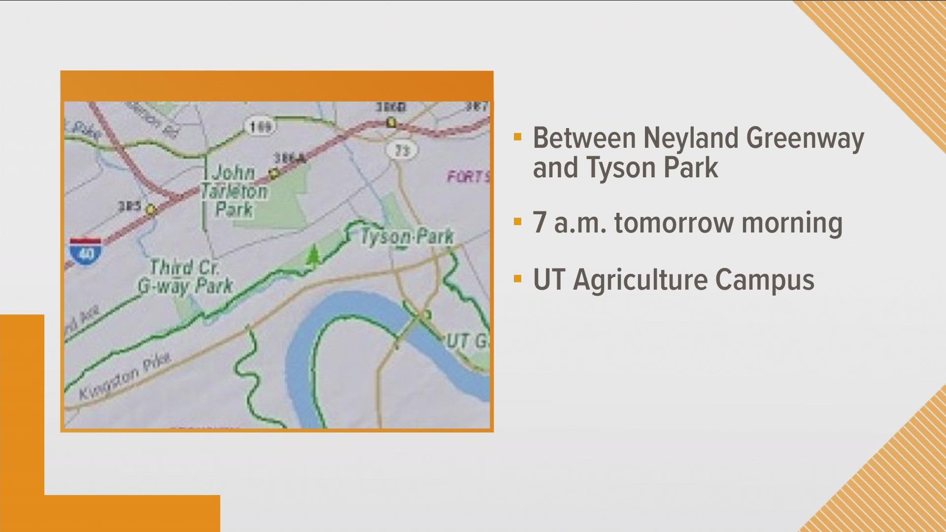 The closure will be near the half-mile marker between Neyland Greenway and Tyson Park.