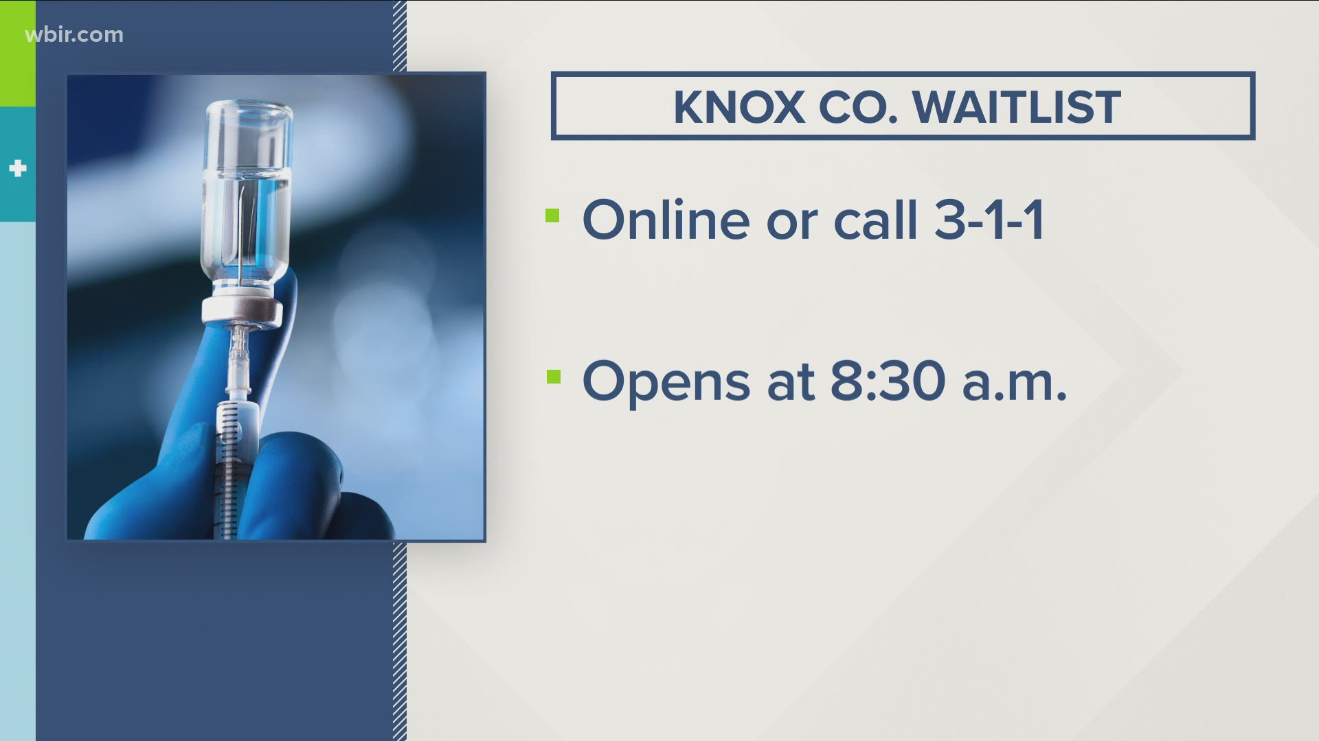 It opens at 8:30 a-m. People eligible for the vaccine can sign up online, call 311 or call the Knox County Health Department directly.
