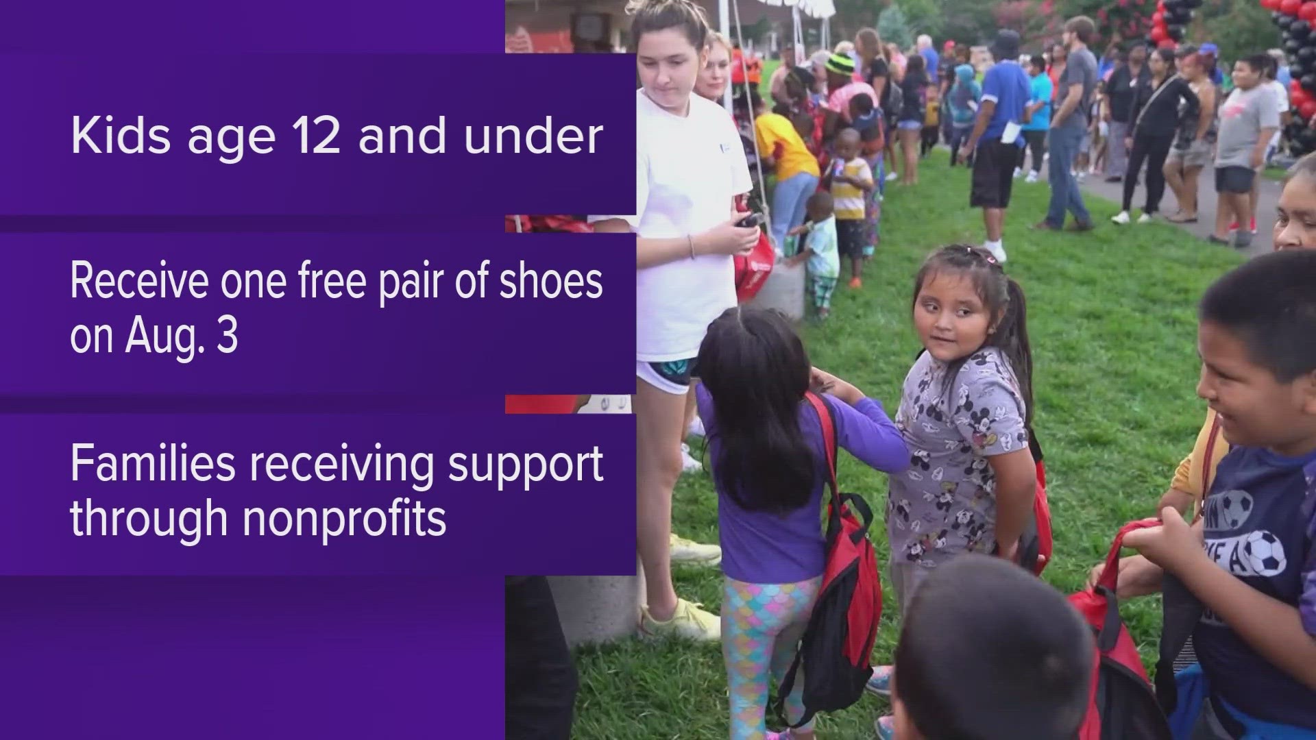 Kids 12 and under can receive a free pair of shoes at the event on Aug. 3. Families receiving support through local nonprofits can register their children.