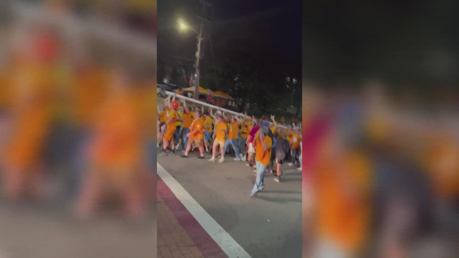 On Saturday, Vol fans tore them down during the massive celebration inside Neyland Stadium. One ended up at a fraternity house and another took a swim.