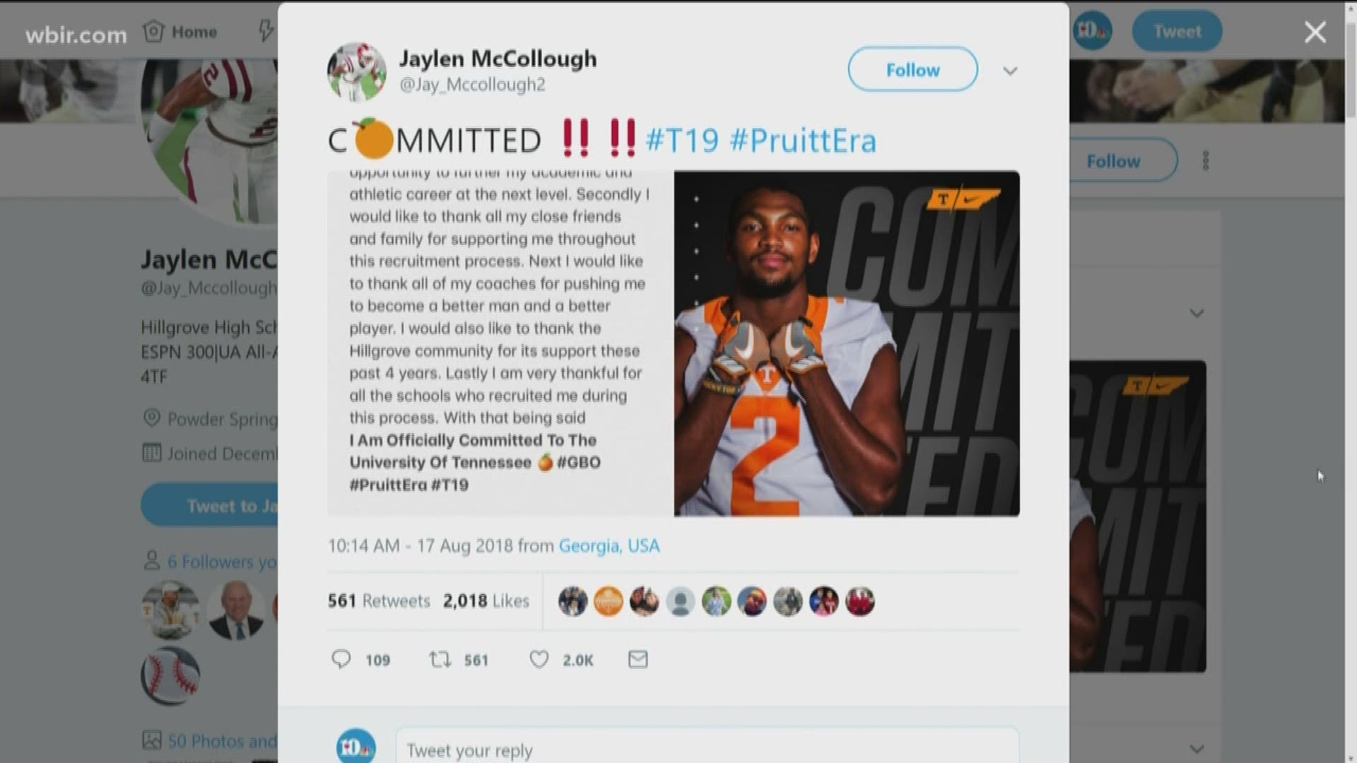 Jaylen McCollough announced during a pep rally at his high school this morning he committed to UT over South Carolina, Auburn, and Alabama.