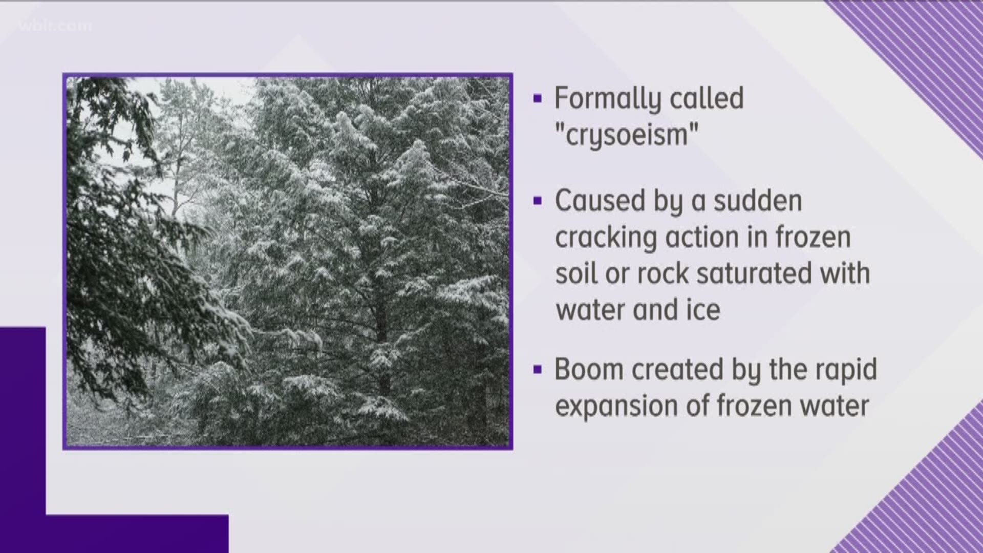 Several people in East Tenn. have reported hearing frost quakes, formally called a cryoseism. They are 	caused by a sudden cracking action in frozen soil or rock saturated with water and ice. The booming sound is created by the rapid expansion of frozen water.