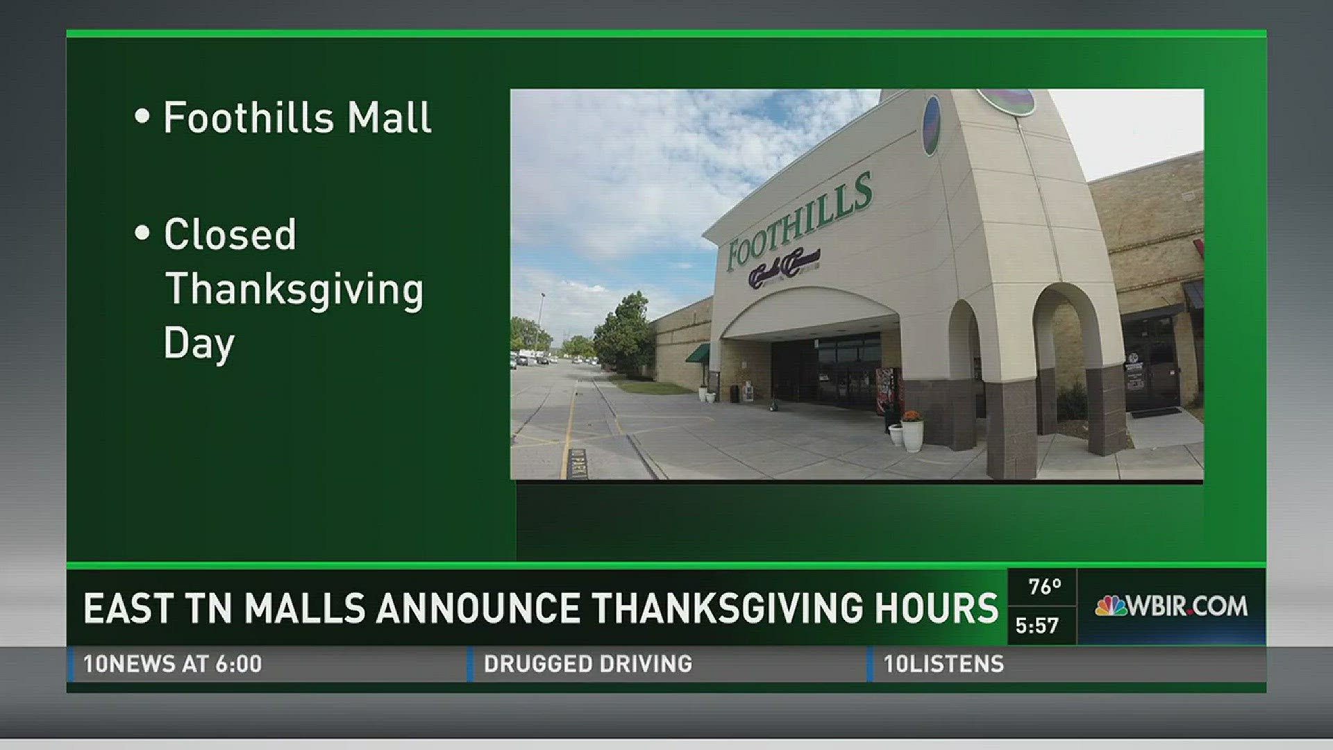 Oct. 13, 2016: West Town Mall has announced its Thanksgiving hours, but a number of East Tennessee malls will be closed on the holiday.
