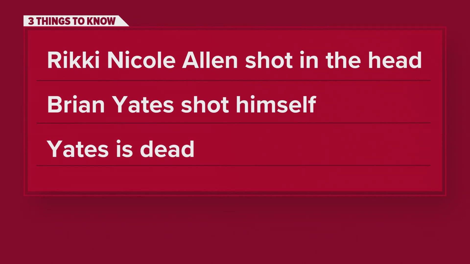 Police said the man, Brian Yates, shot himself after he shot Rikki Allen in the head. Officials said the two shared children and were estranged.